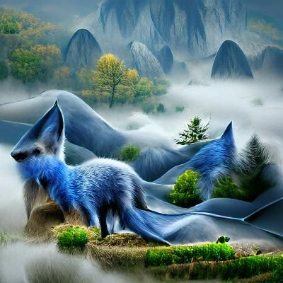 Blue Fox in Misty Mountain Landscape