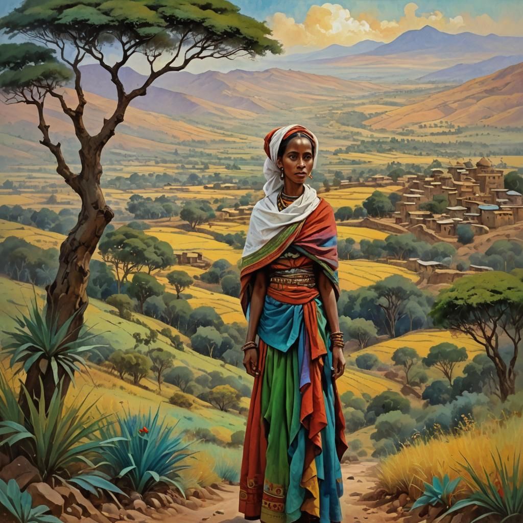 Ethiopian Woman in Landscape: Impasto Oil Painting
