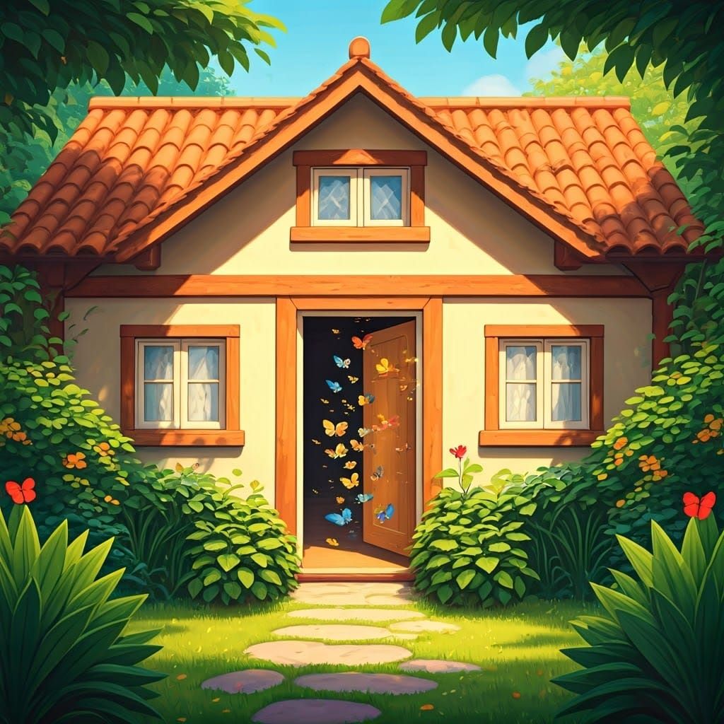 Whimsical Sunlit Cottage with Red Roof and Butterflies