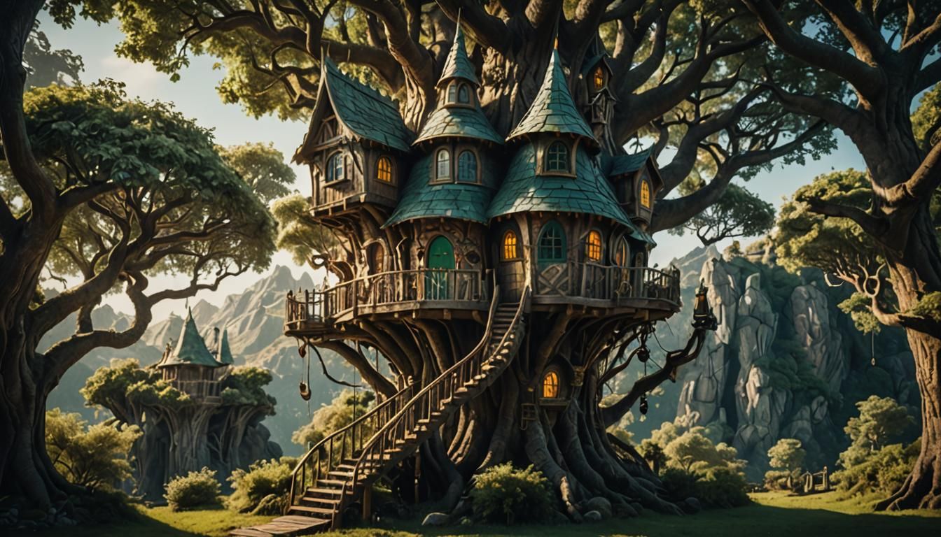 Elaborate Elf Treehouse with Round Towers