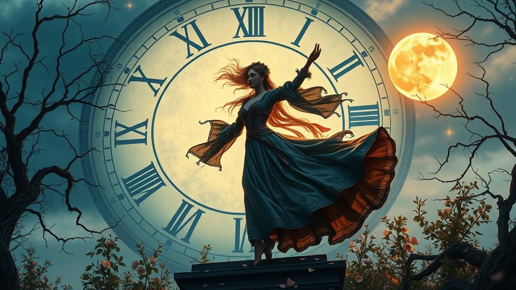 Woman Between Sun and Moon in Twilight