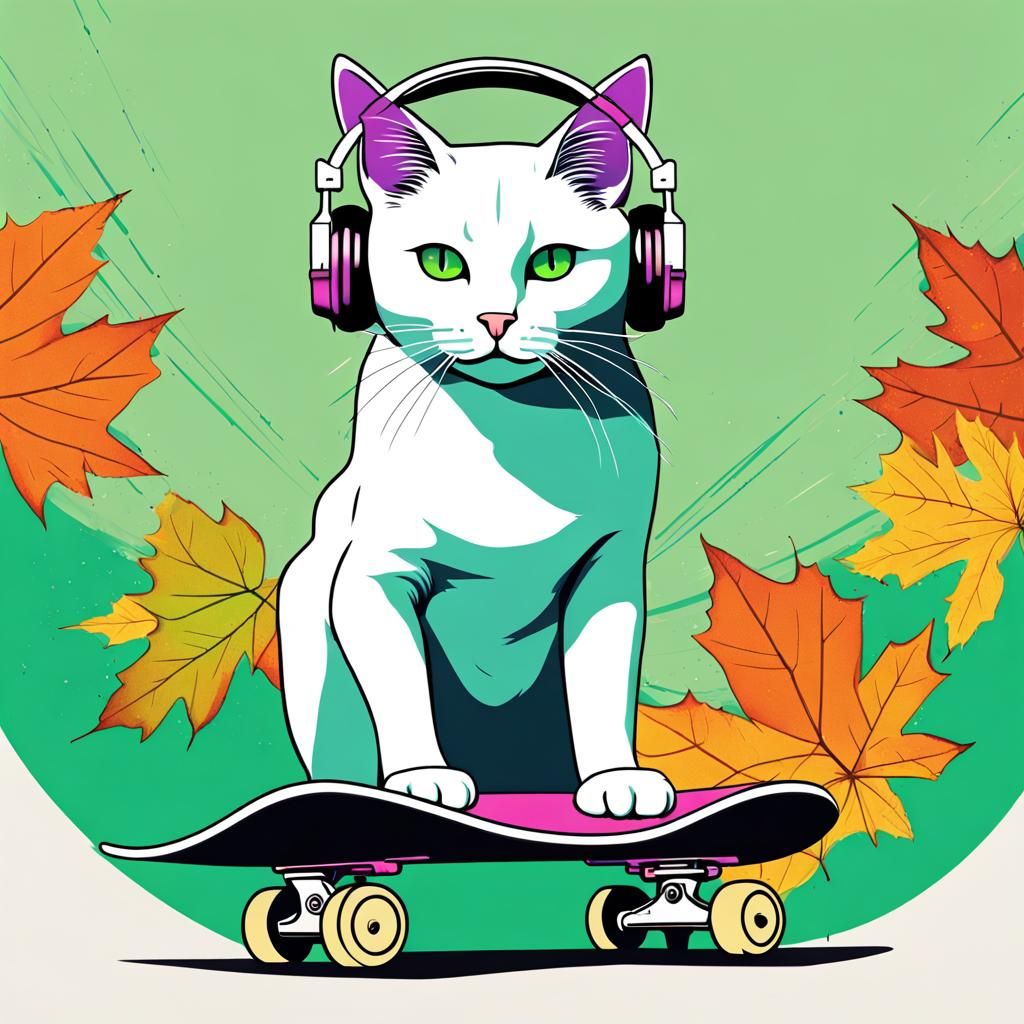 Pop Art Cat on Skateboard with Autumn Leaves
