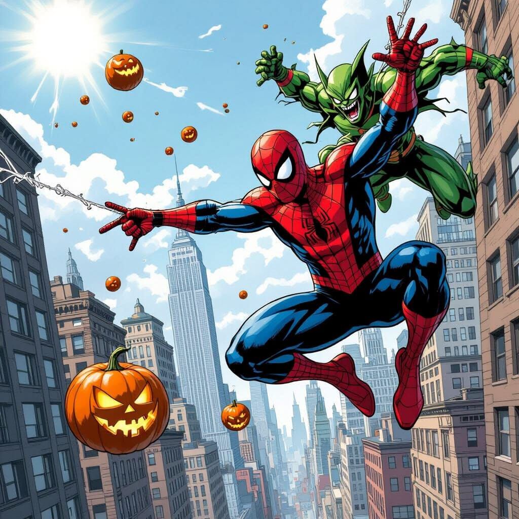 Spiderman vs Green Goblin in Comic Book Style