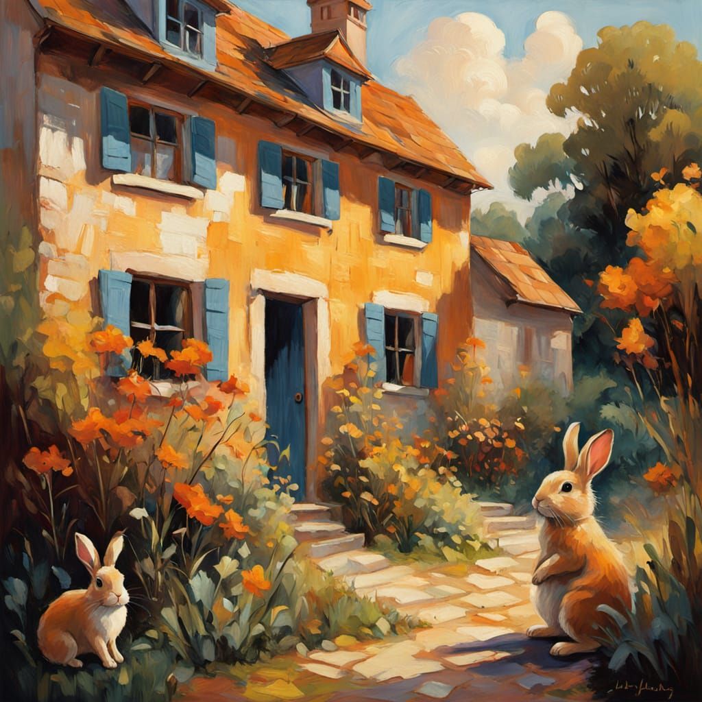 Whimsical Rabbit Cottage Scene with Gigantic Hand