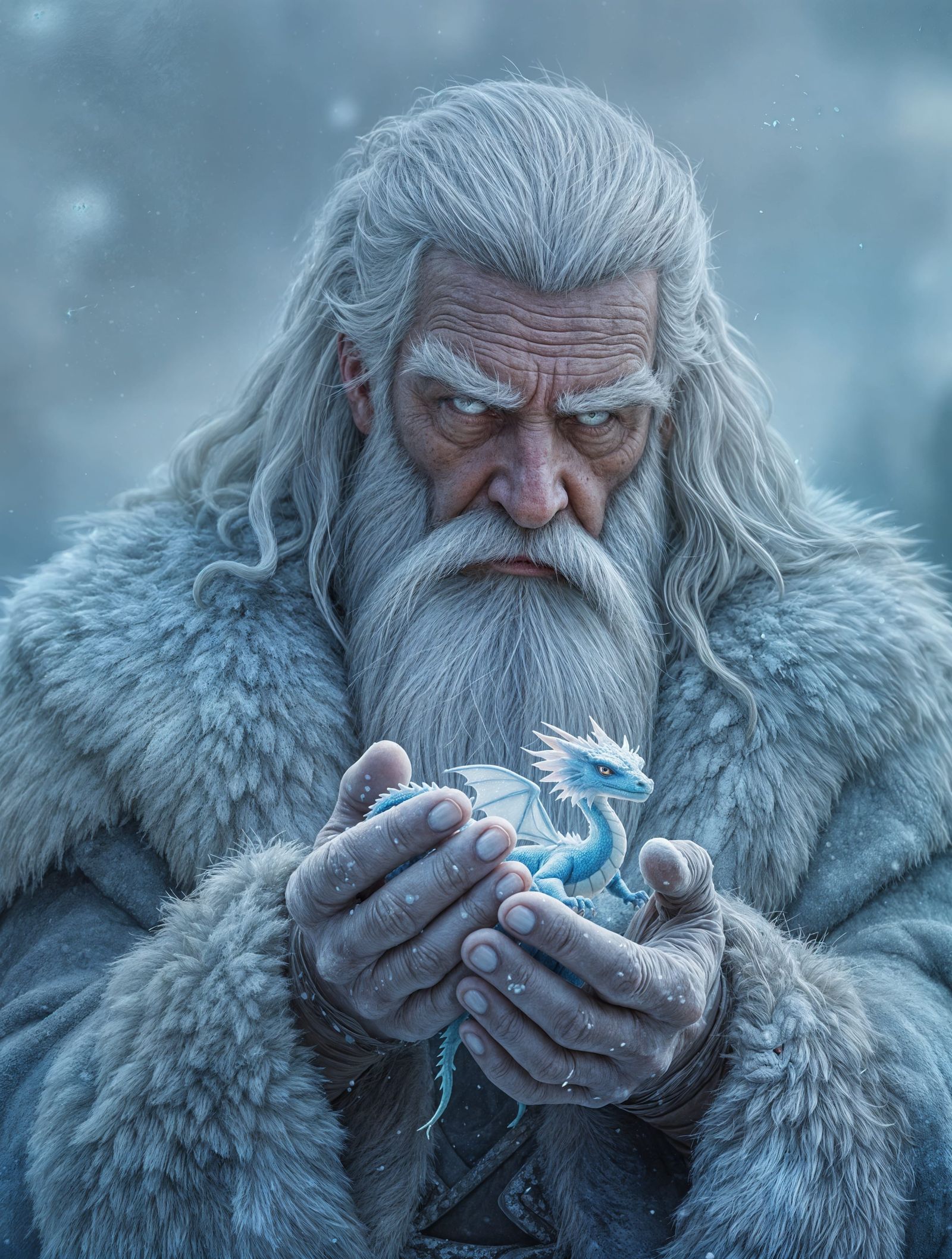 Frostbeard Holding the Luminous Wyrmling in Winter