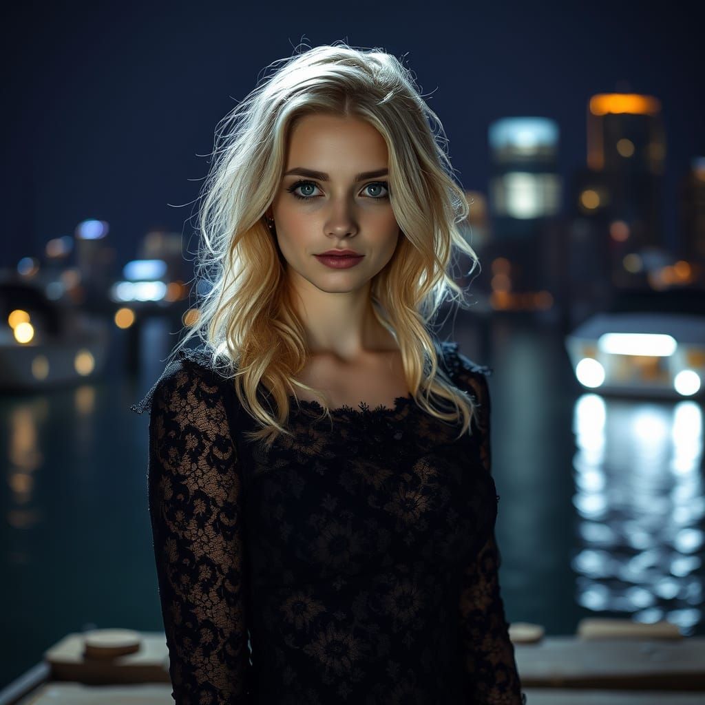 Gothic Woman Posing at Harbor Quay in Dark Romanticism