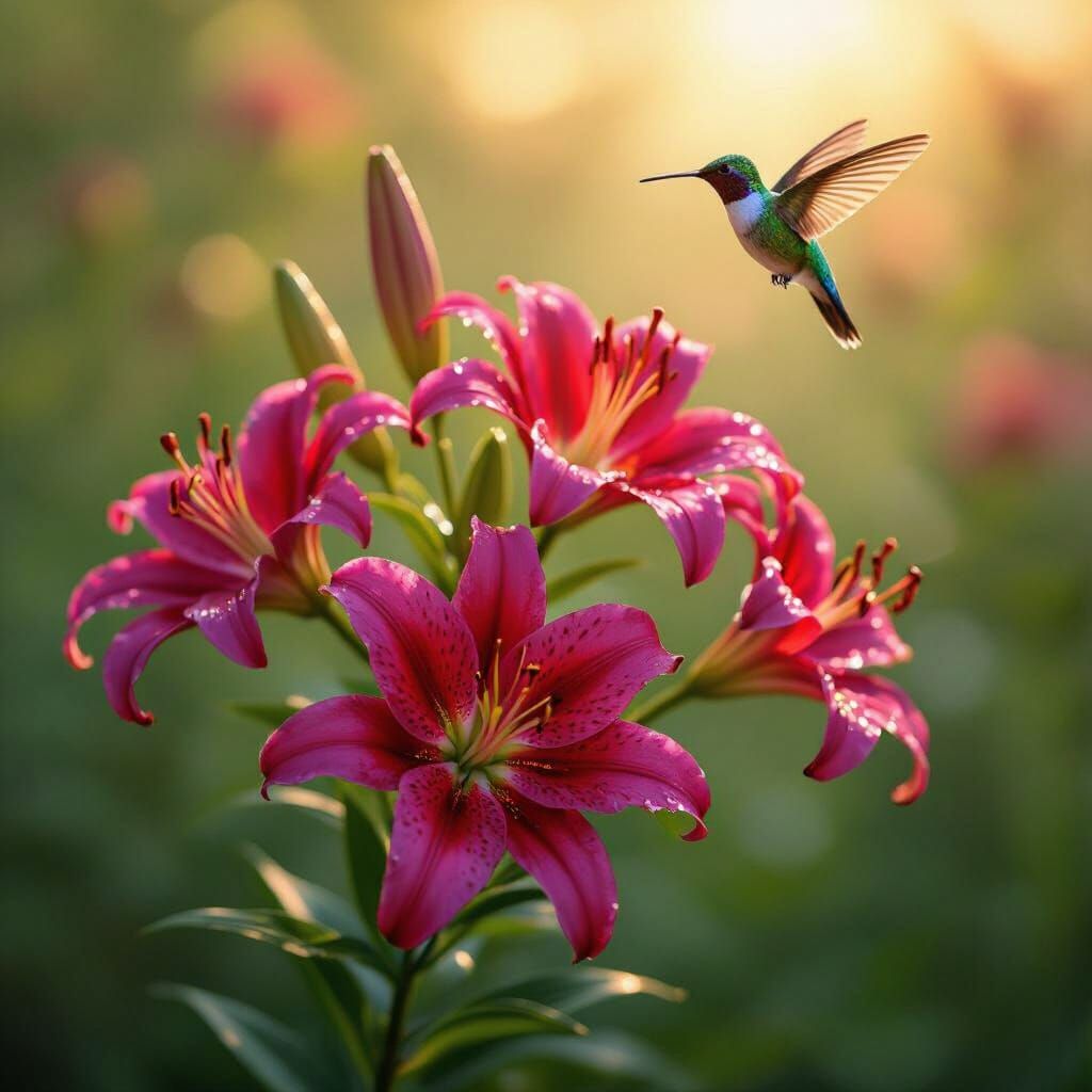 Red and Purple Tiger Lilies with Hummingbird in Golden Hour ...