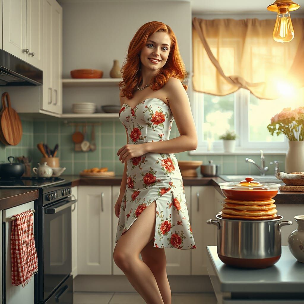 Redhead Tradwife Cooking Pancakes in Hyperrealistic Style