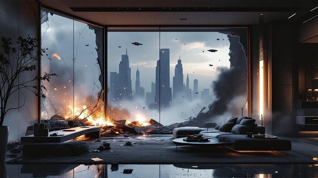 Futuristic Apartment Explosion Aftermath