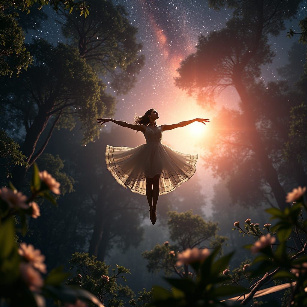 Cosmic Ballet in a Starry Twilight Forest