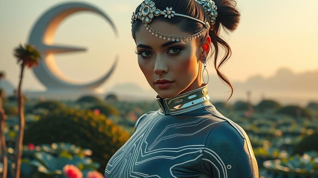 Futuristic Woman in Alien Garden: Ethereal Portrait
