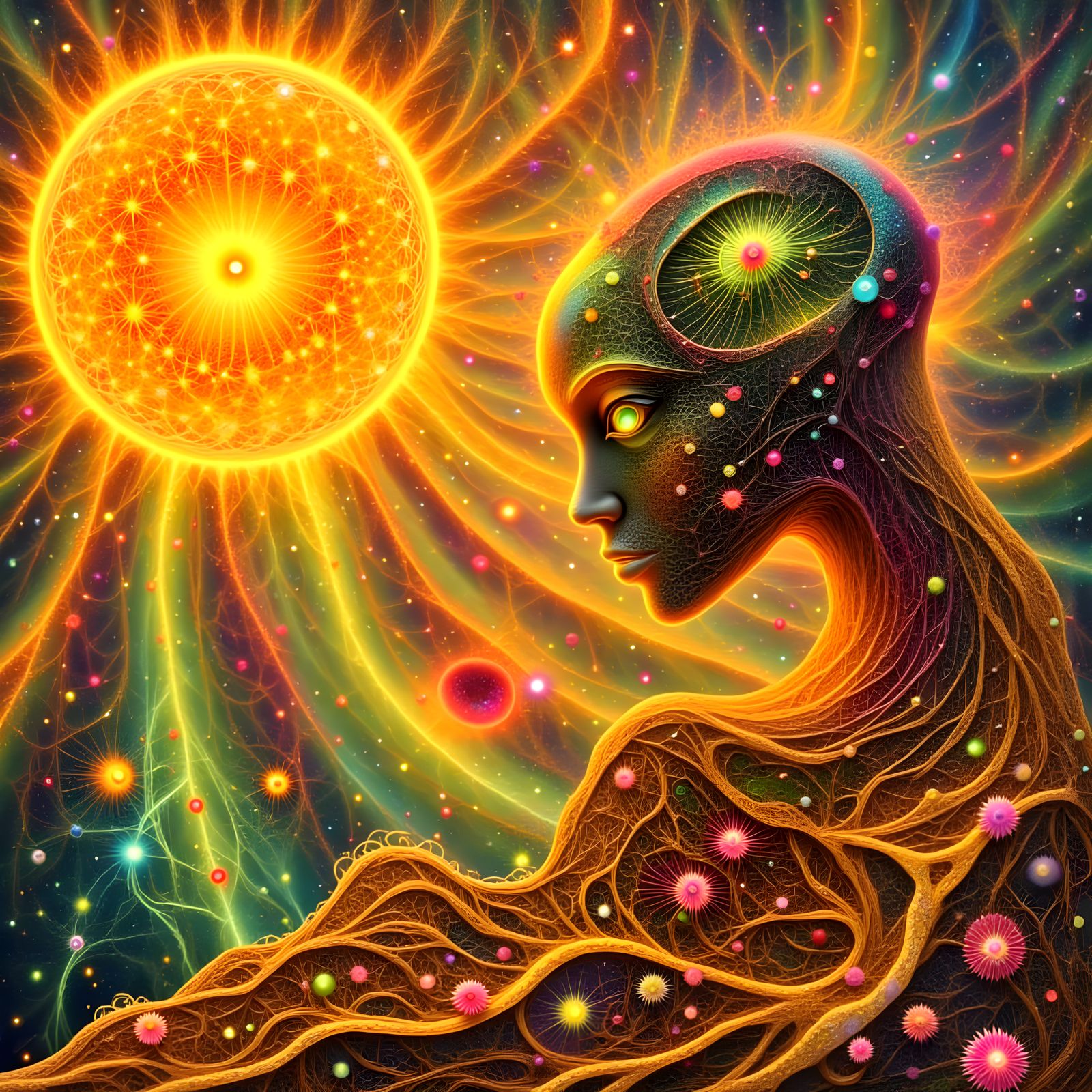 Intricate Goddess and Monster in Vivid Transformation