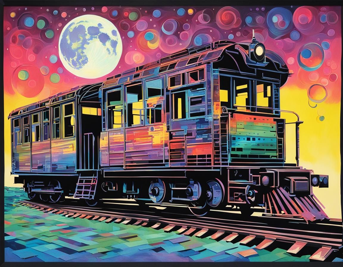 Floppy Disk Train Under the Moon in Ink Art
