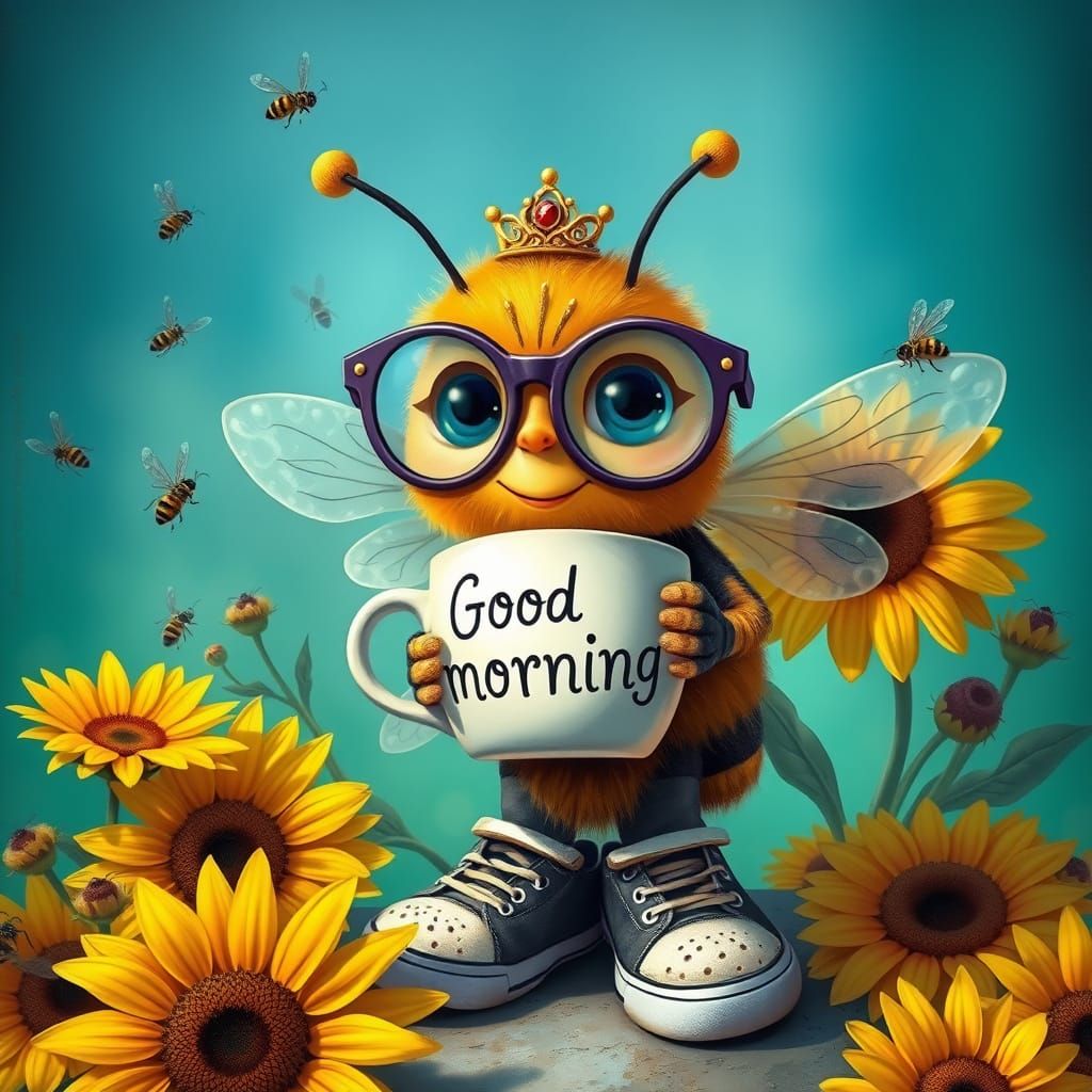 A whimsical character resembling a bee, adorned with a crown...