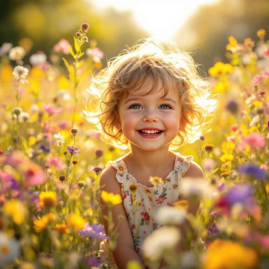 Child's Joyful Play in Sunlit Impressionist Meadow