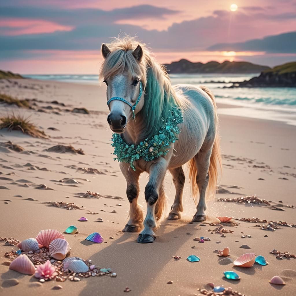 Shetland Pony on Tropical Beach in Pastel Colors