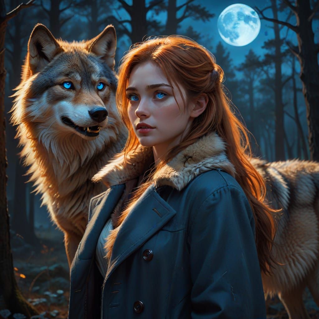 Mystic Woman and Wolf Under Moonlit Sky