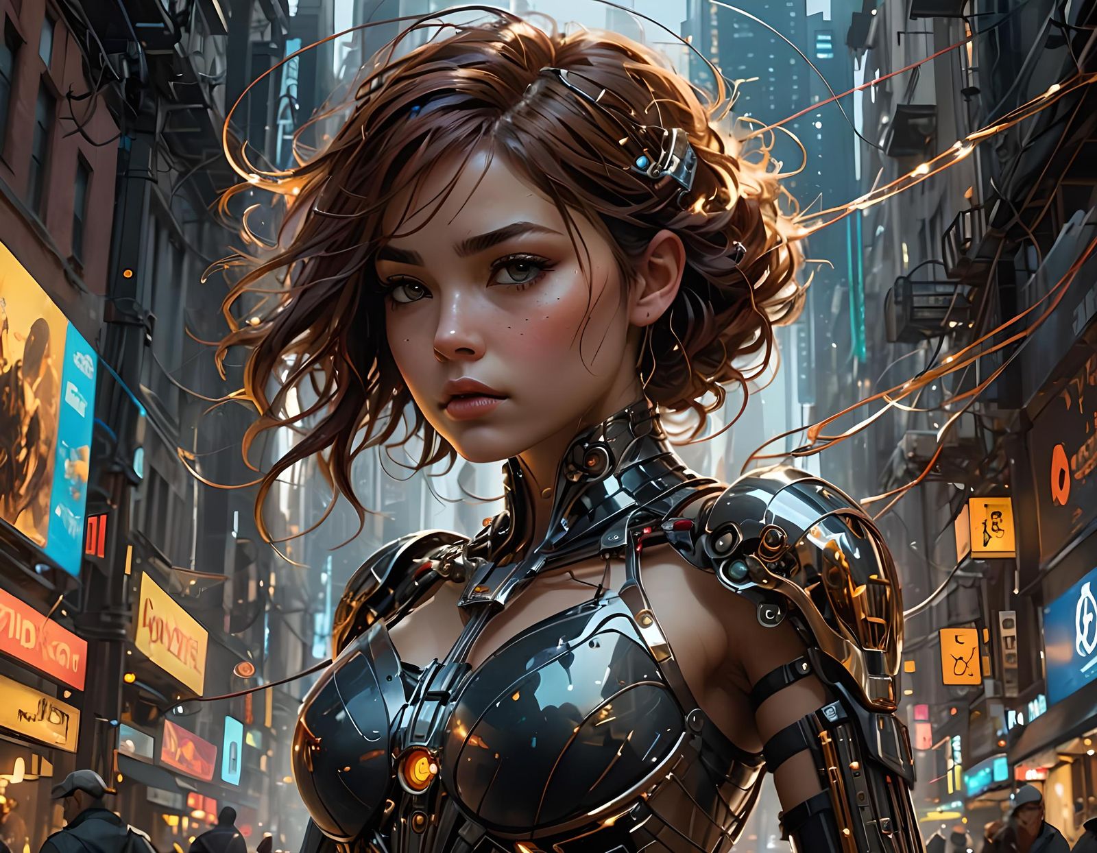 Futuristic Cityscape with Biomechanical Woman in Digital Art