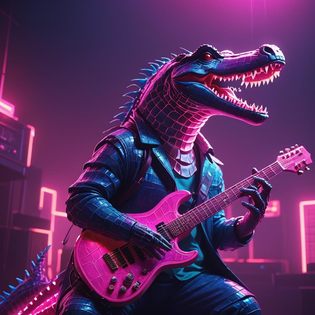 Neon Crocodile Plays Guitar in Synthwave Style
