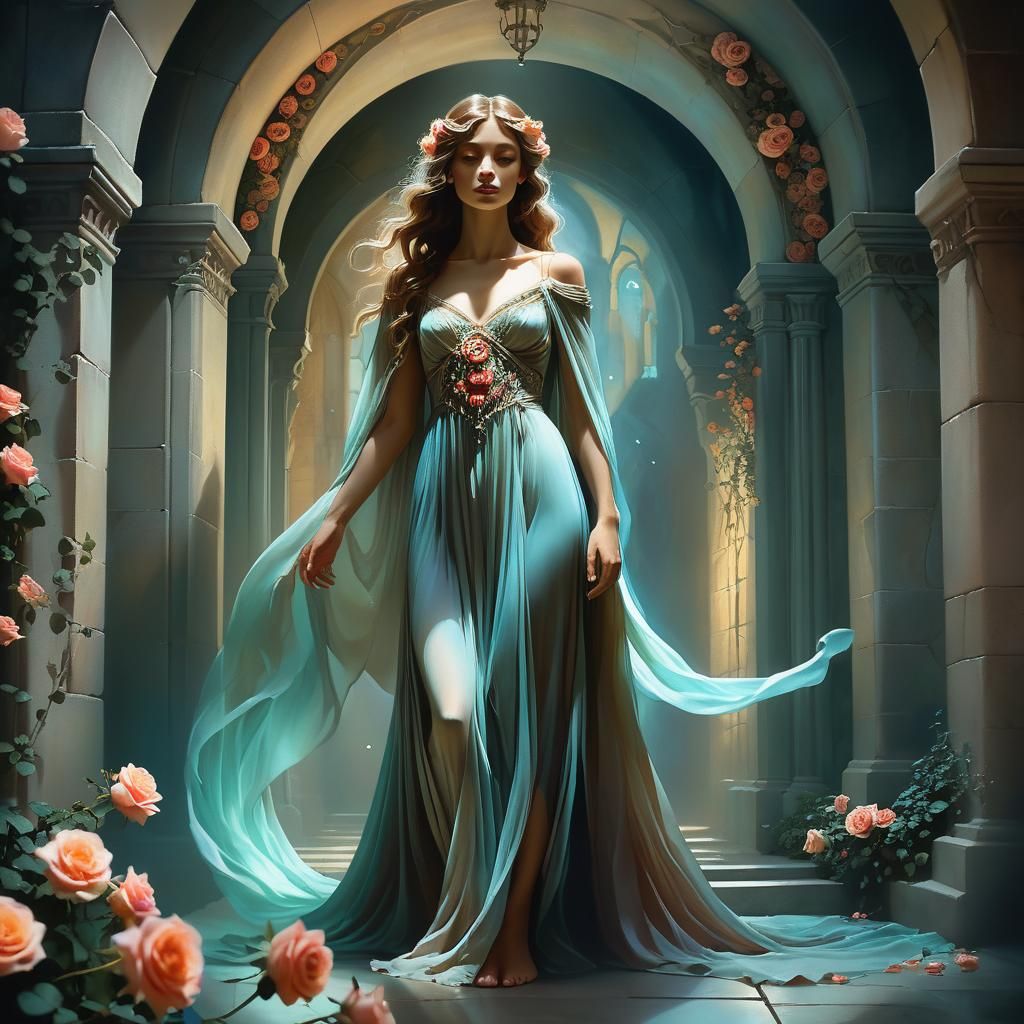 Mysterious Woman at Crypt Entrance in Ethereal Light