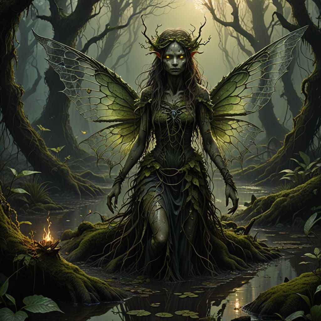 Swamp Fairy Emerges in Dark Fantasy Style