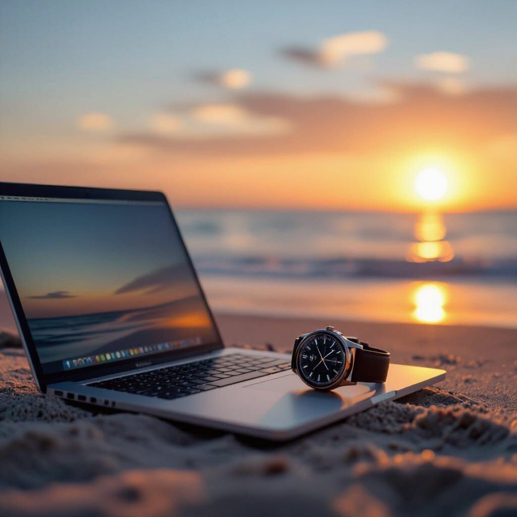 Laptop and Watch on Beach at Sunset