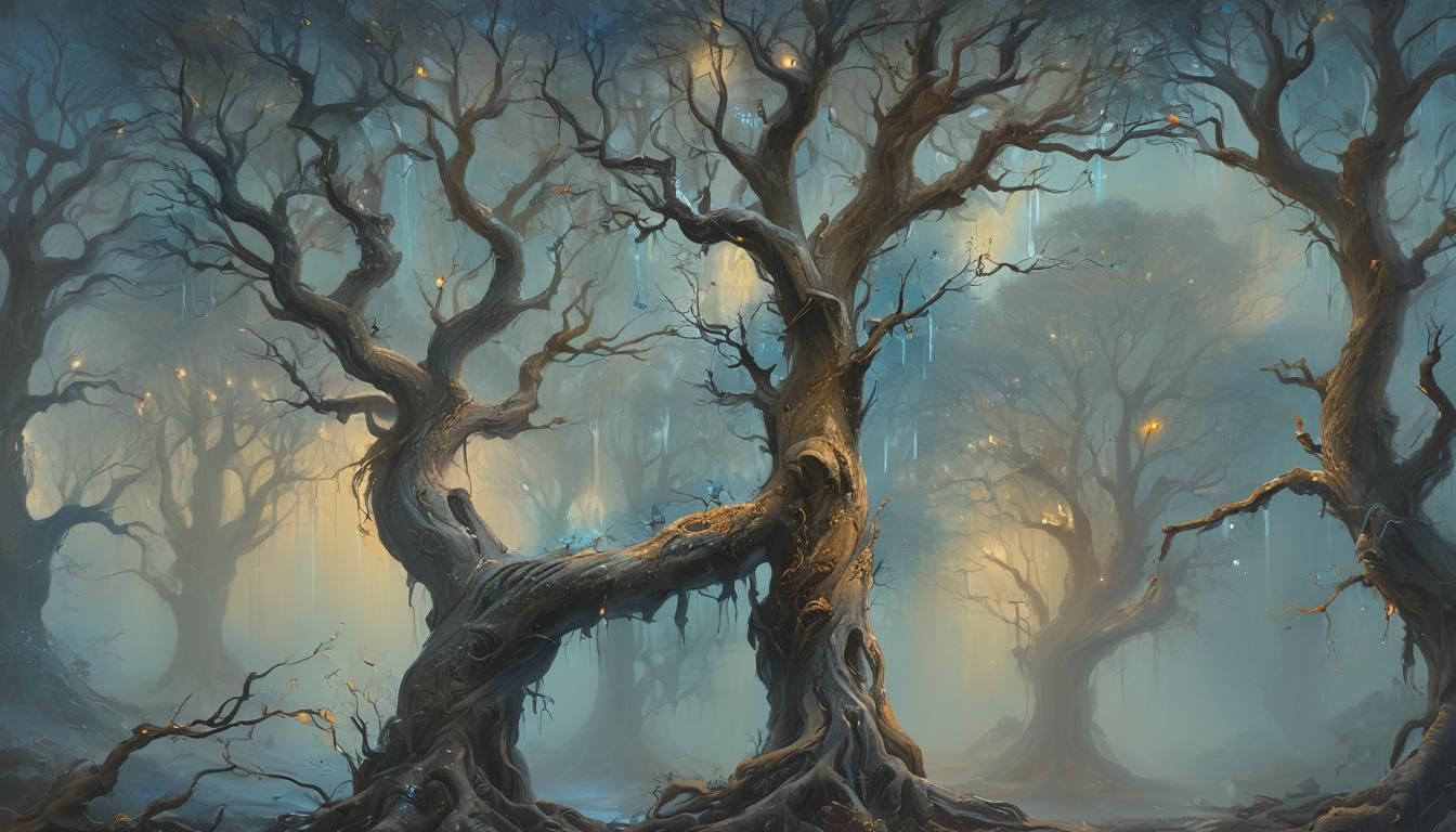 Surreal Weeping Trees in Dreamlike Forest