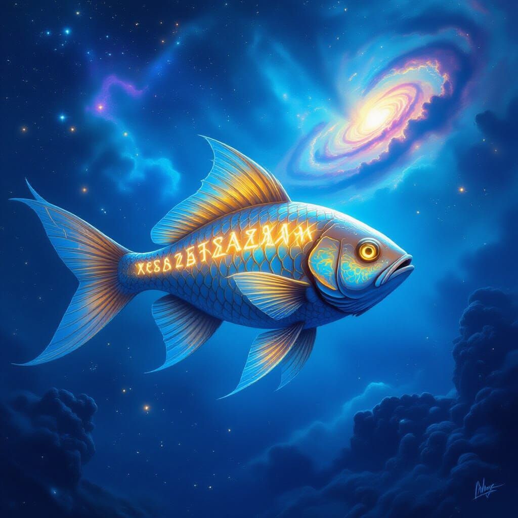 Celestial Fish with Glowing Runes in Cosmic Ocean