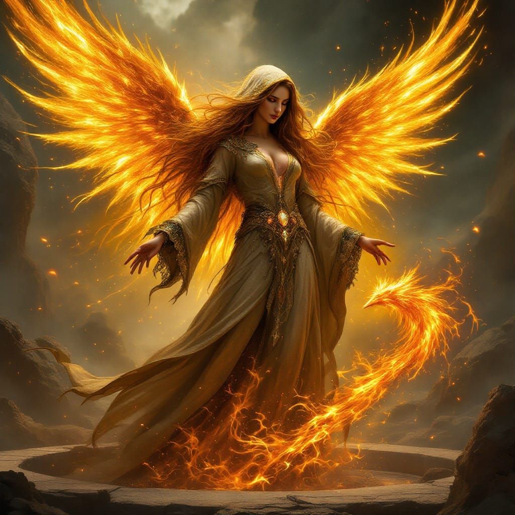 Majestic Goddess with Wings of Golden Fire in a Mystical Sto...