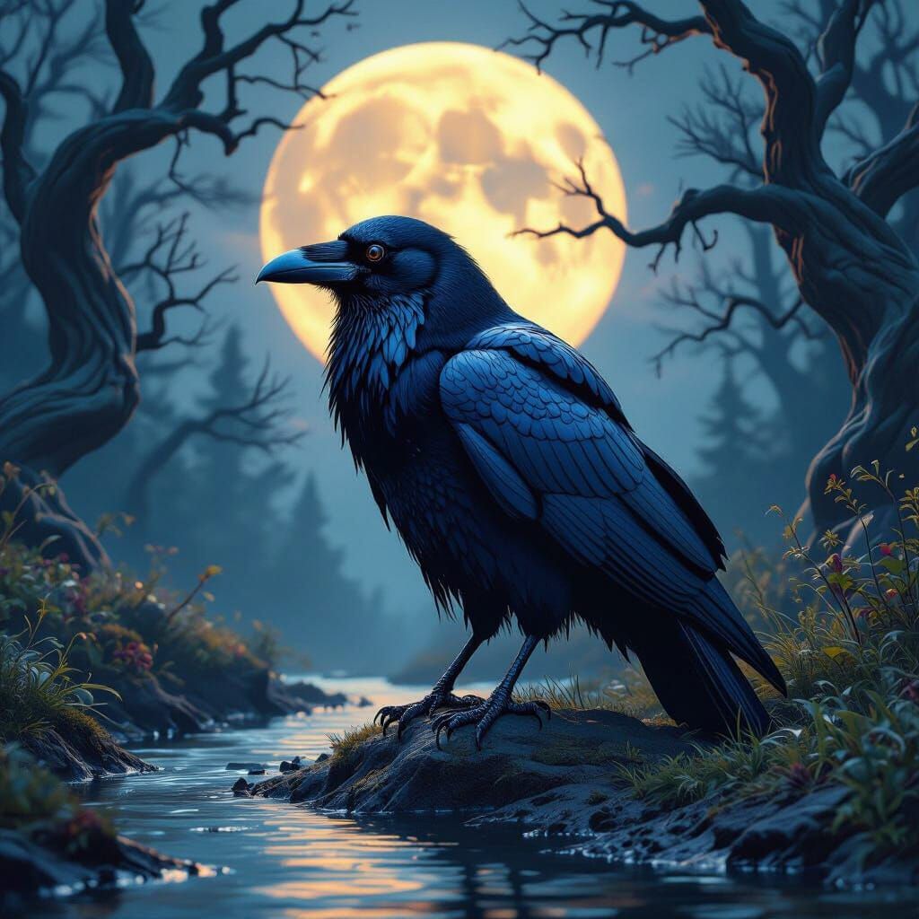Raven in Dark Forest Under Moon in Matte Painting Style