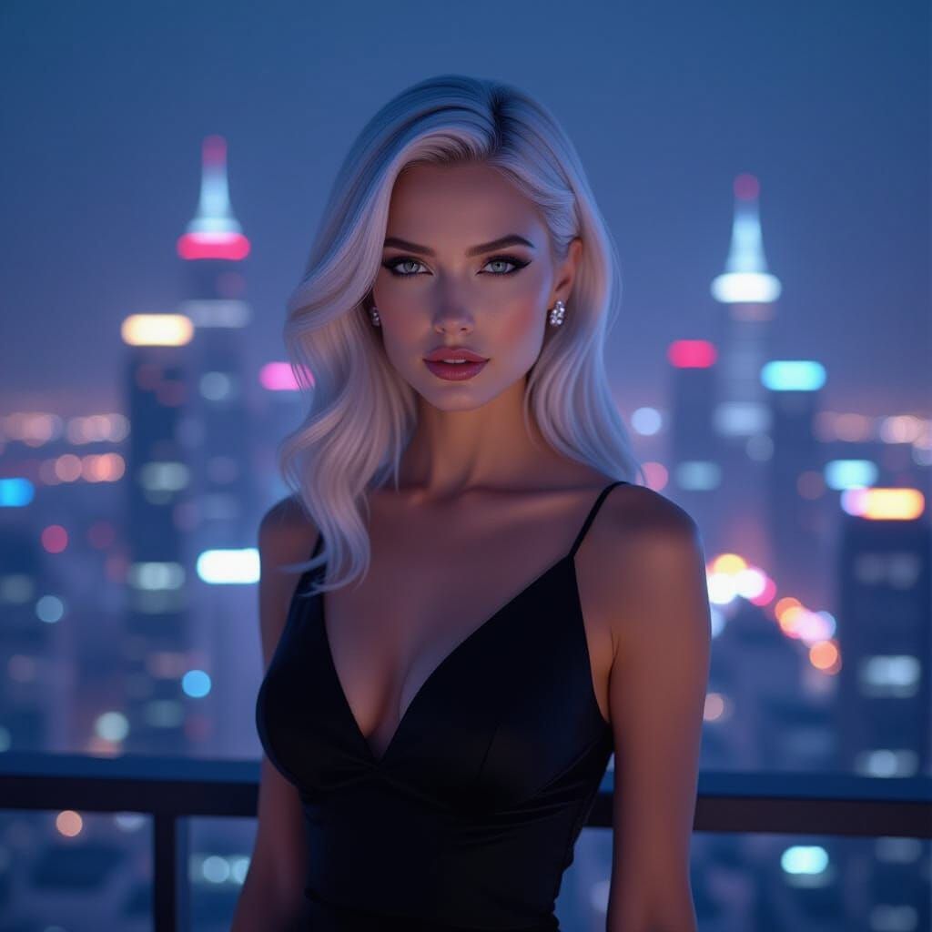 Futuristic Woman Overlooking Neon Cityscape