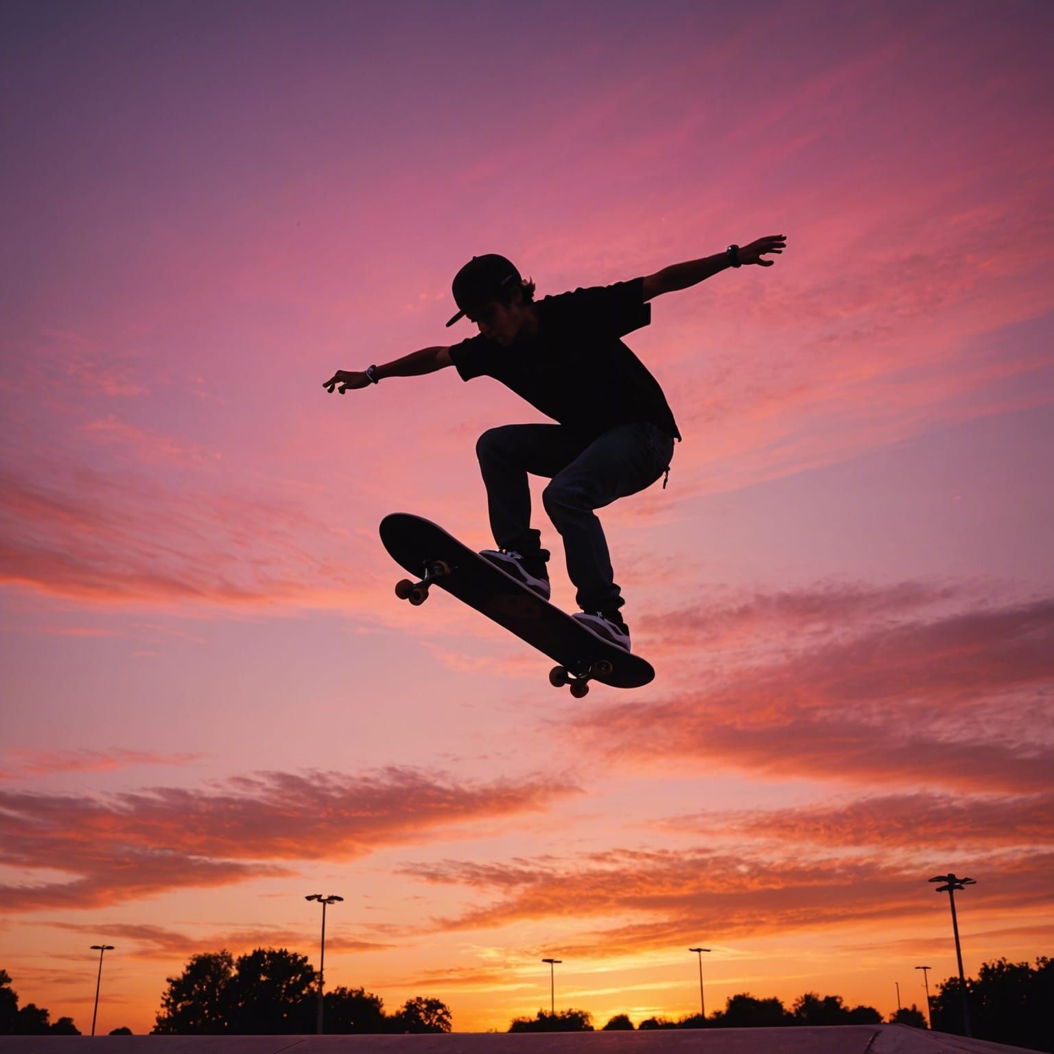 Skateboarder Silhouette Performing Trick at Sunset