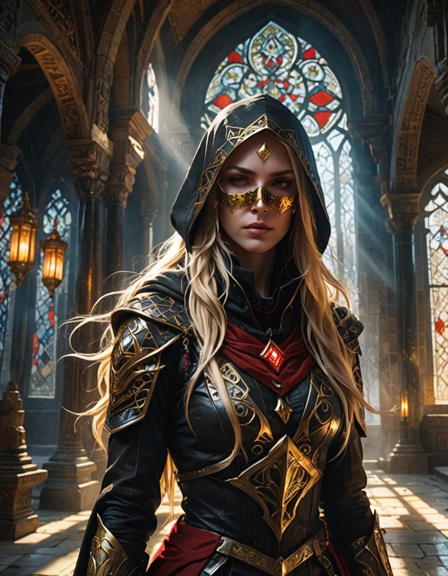 Blonde Assassin in Ancient Temple, Fantasy Concept Art