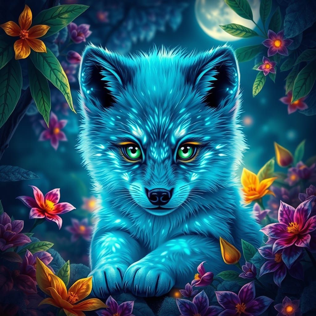 Bioluminescent Wolf Cub in Moonlit Forest, Klimt-like