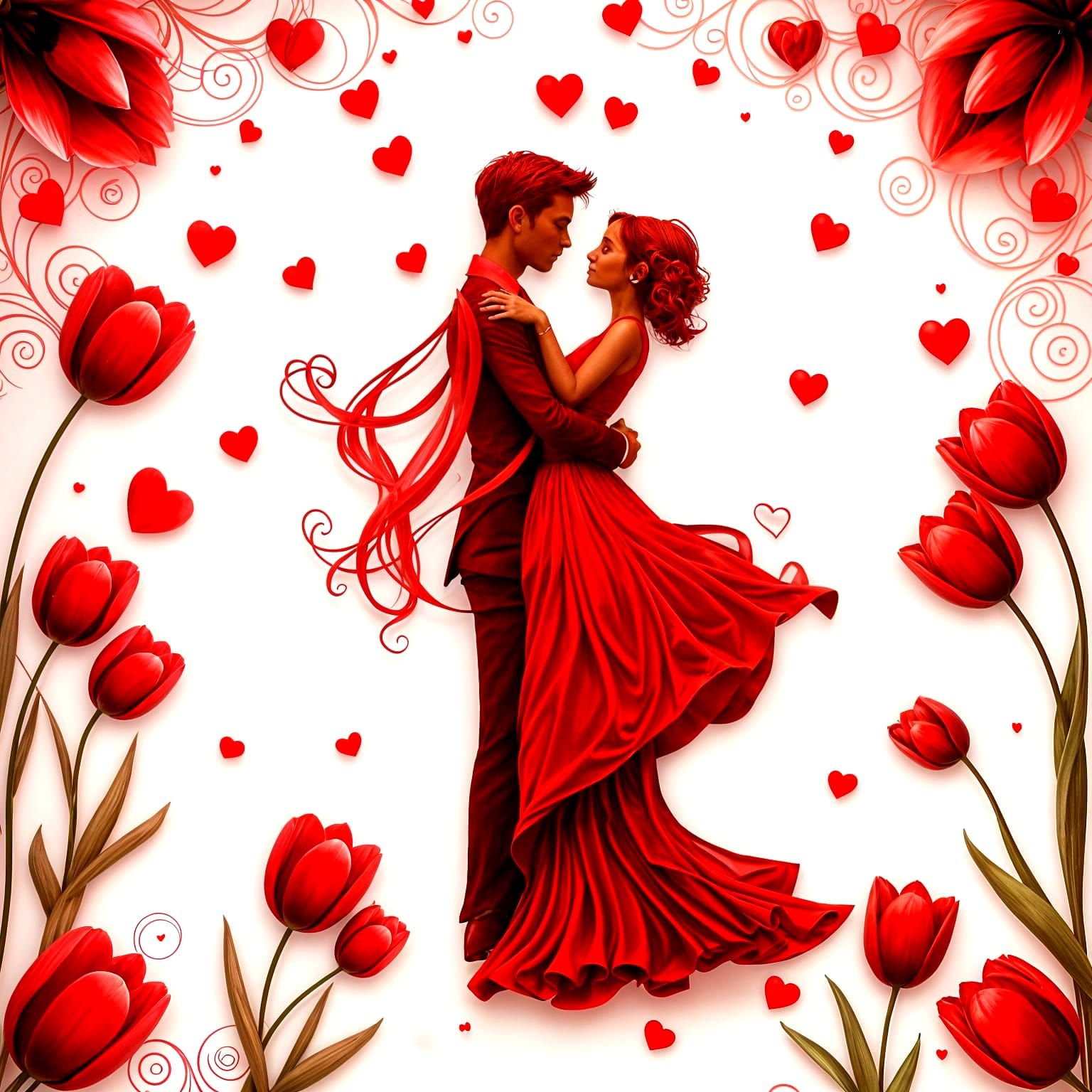 Couple Dancing in Vibrant Red Abstraction