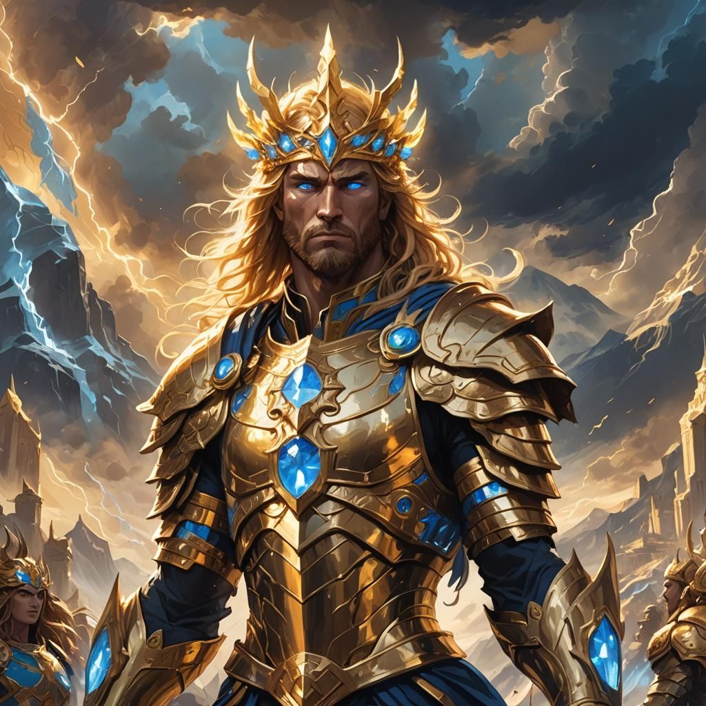 God in Golden Armor with Mount Olympus Backdrop
