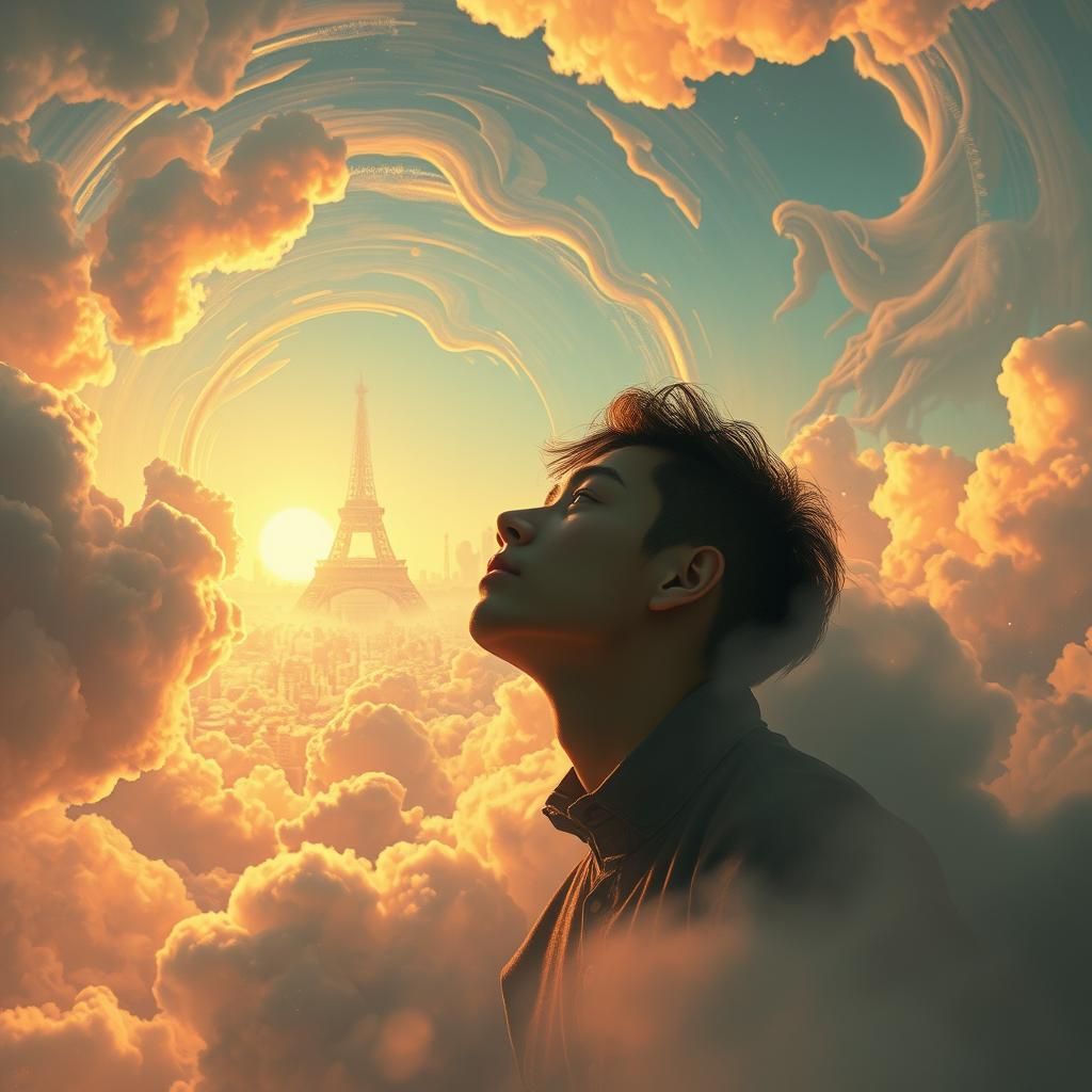 Nostalgic Daydreamer in Ethereal Sci-Fi Cityscape