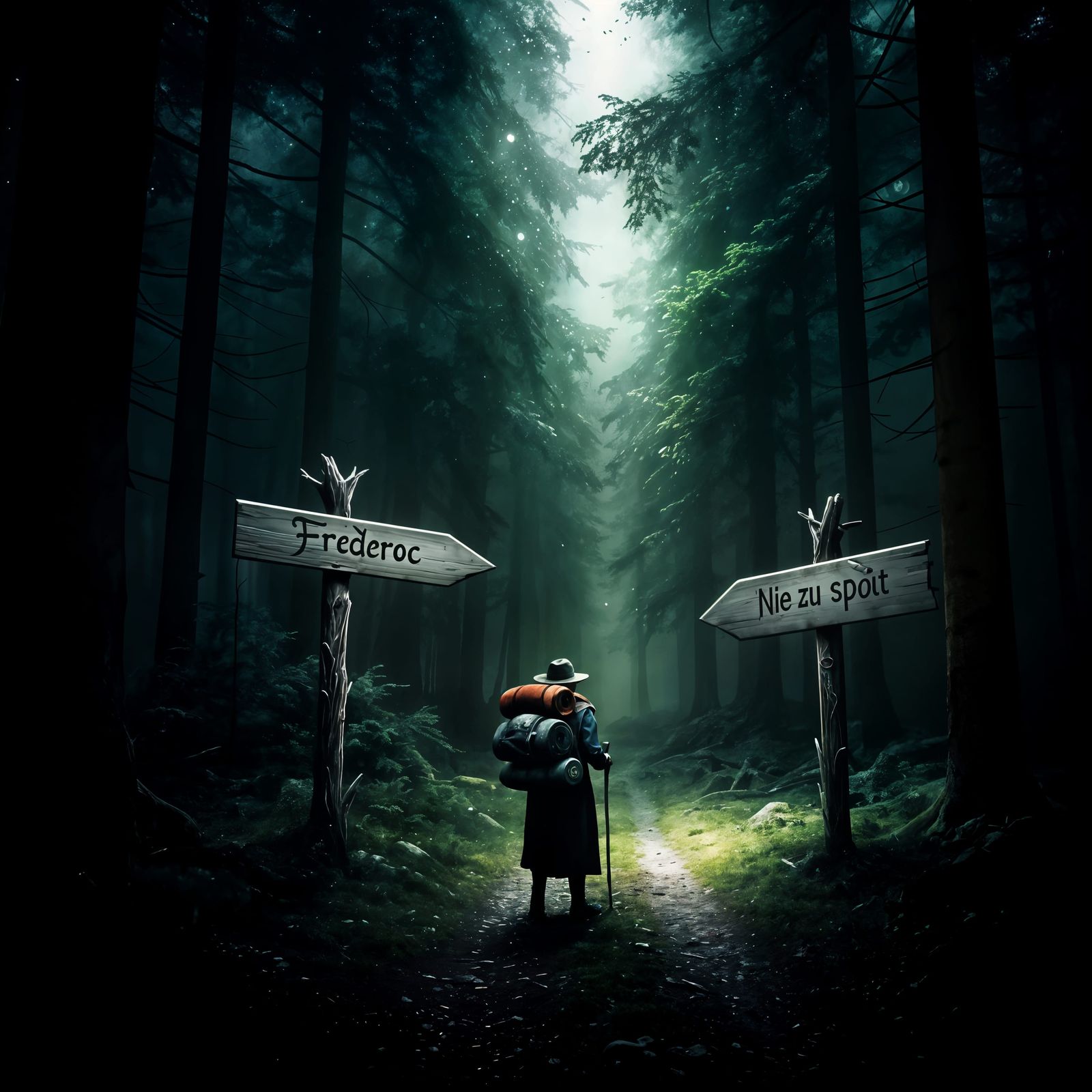 Mystic Woodland Split: Frederoc's Pathway Amidst Dark Green....