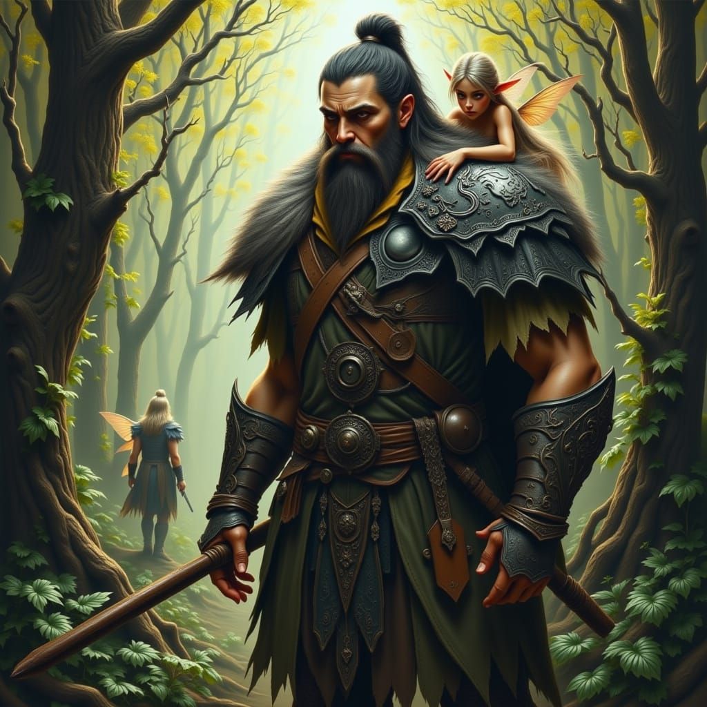 Giant Warrior with Fairy in Mystical Forest