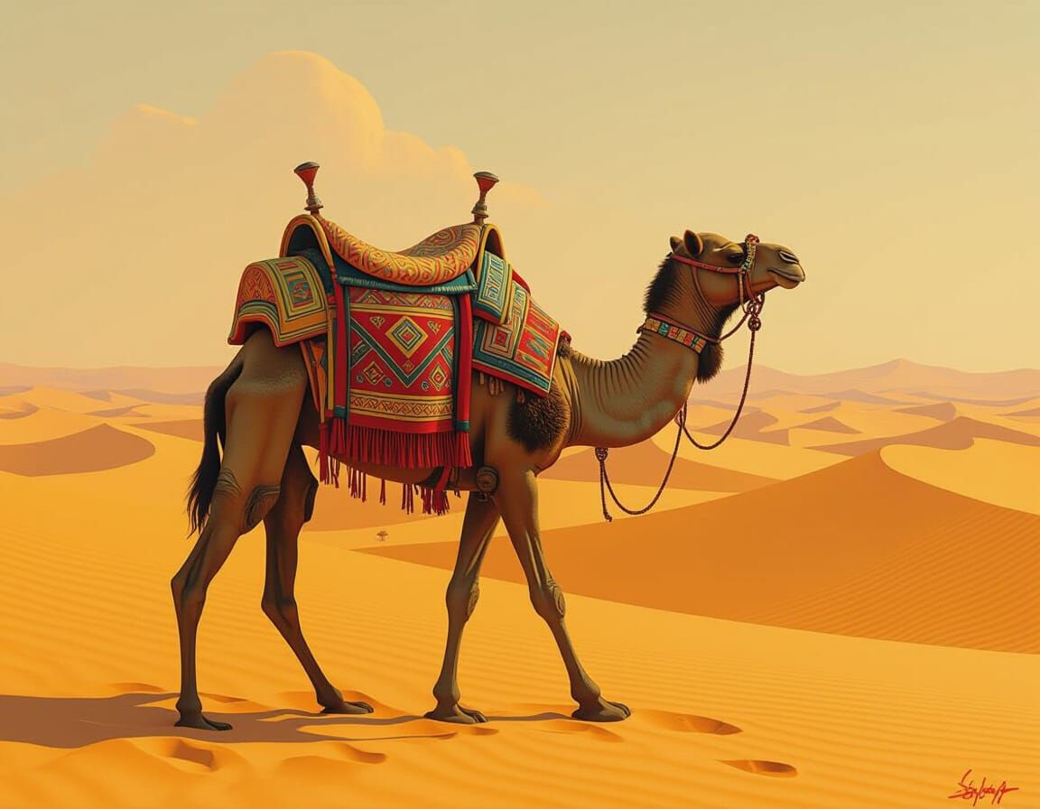 Ornate Camel Journey Through Desert in Retro-Futuristic Styl...