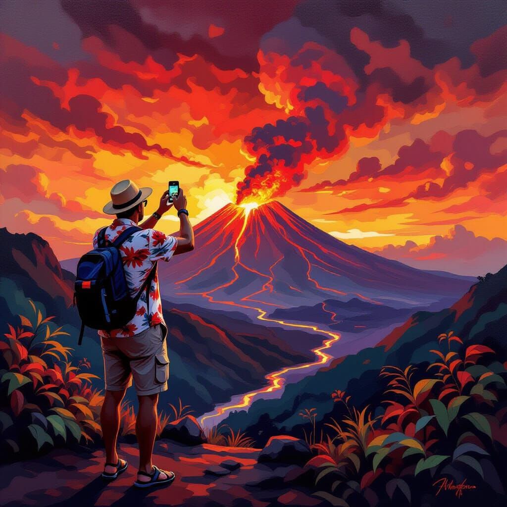 Volcano Eruption Tourist Photo in Impasto Style