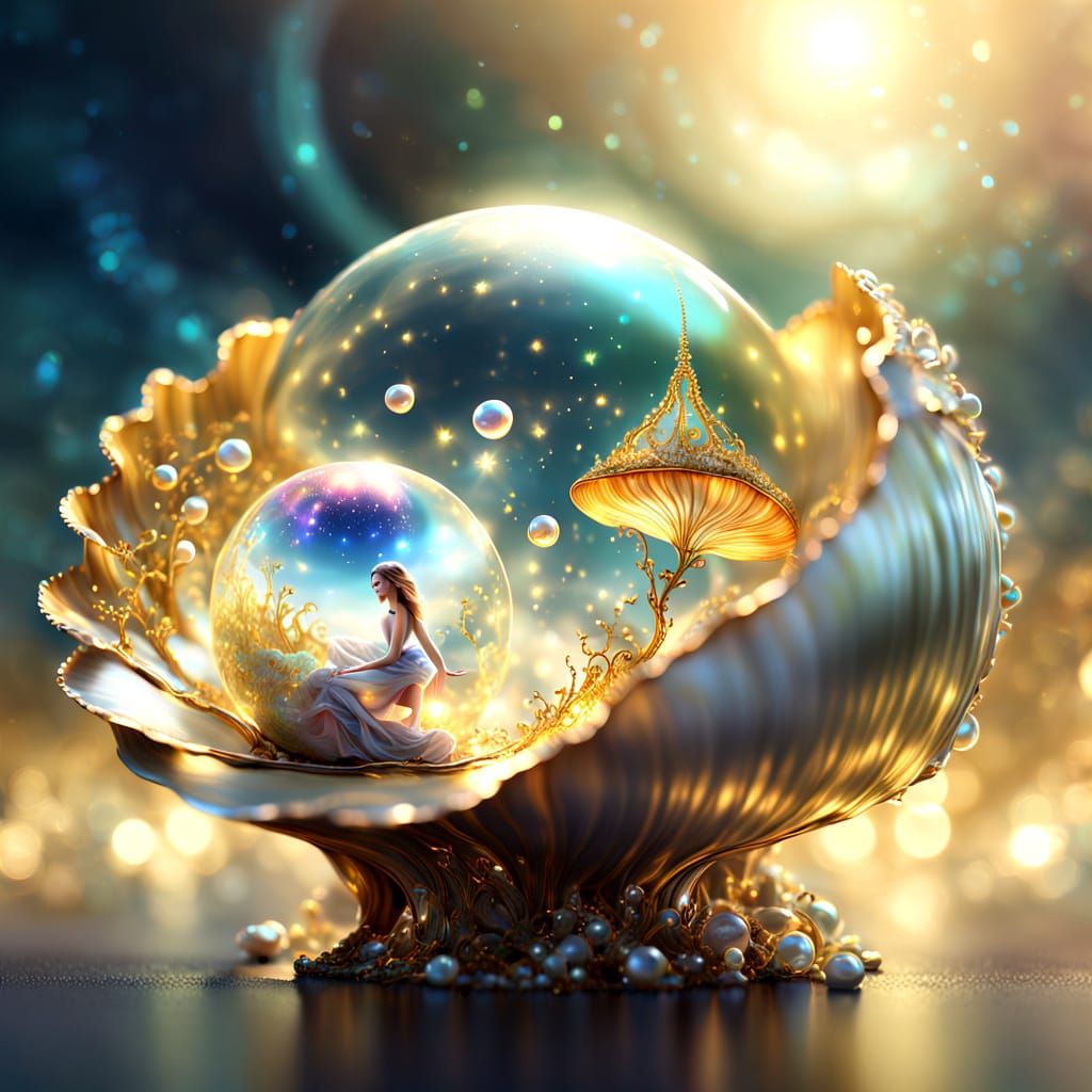 Fairy With Fractal Pearl Hair Fishing Planets in Golden Land...