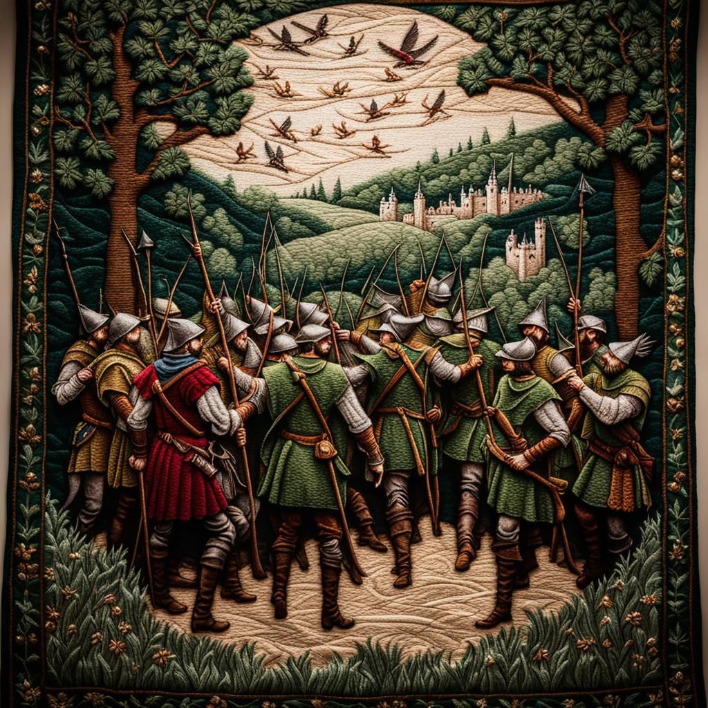 Embroidered Tapestry of Robin Hood: Detailed Fabric Art