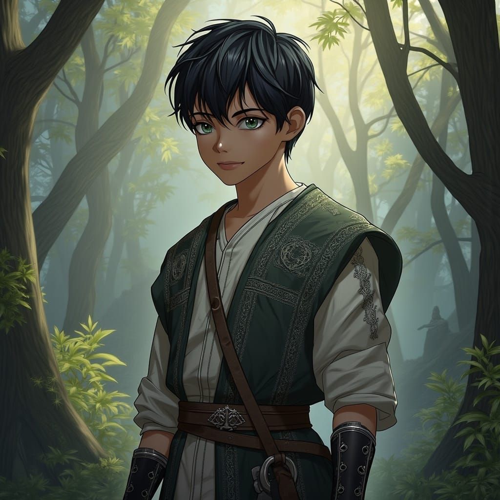 Boy Adventurer in Mystical Forest, Digital Illustration