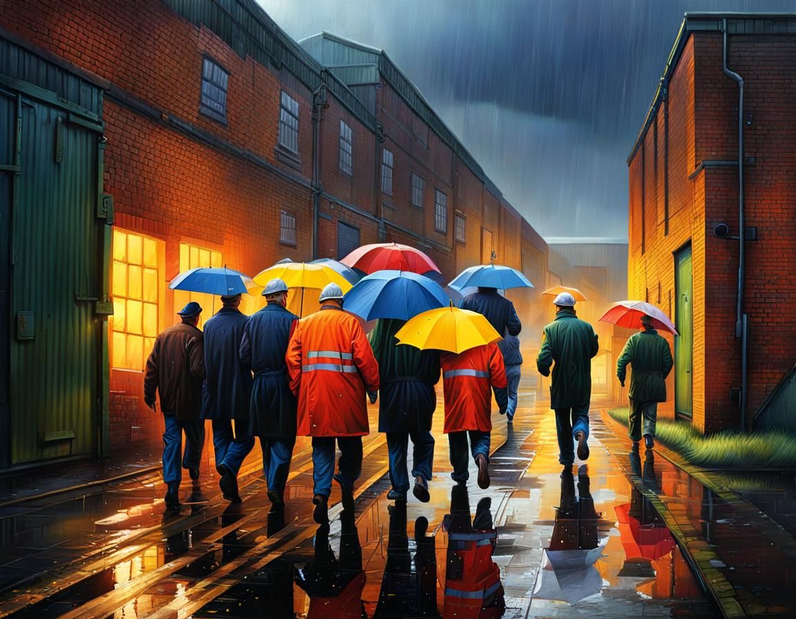 Factory Workers Leaving in Rain, Hyperrealistic Art