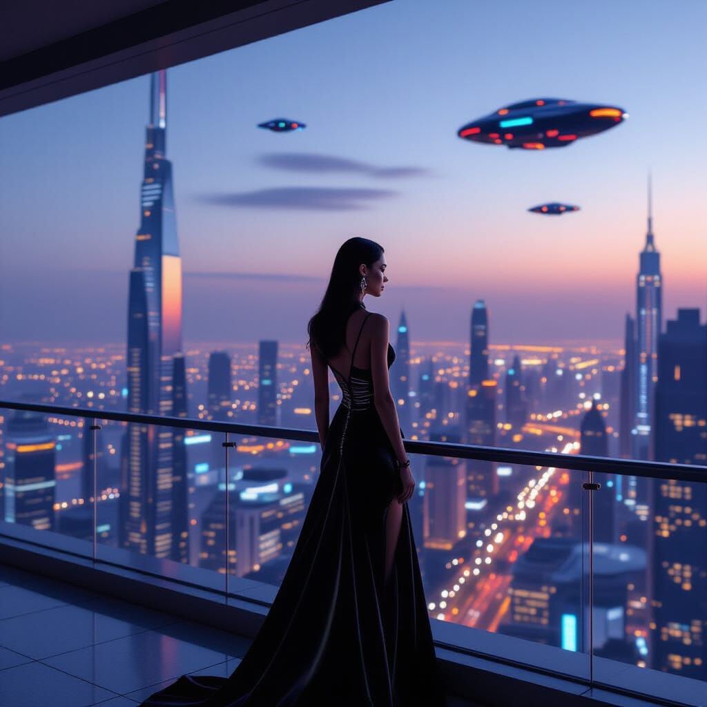 Woman on Balcony Overlooking Futuristic Cityscape at Dusk