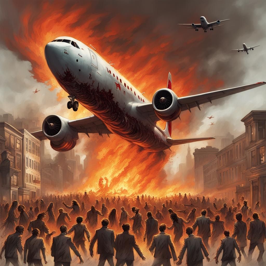 Burning Zombie Plane Crashing into Burning City