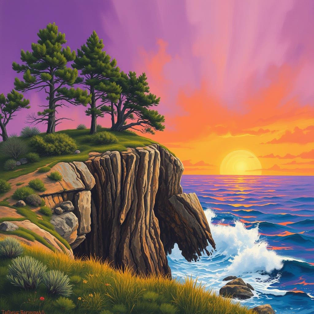 Surreal Coastal Landscape in Vibrant Purple and Orange Hues