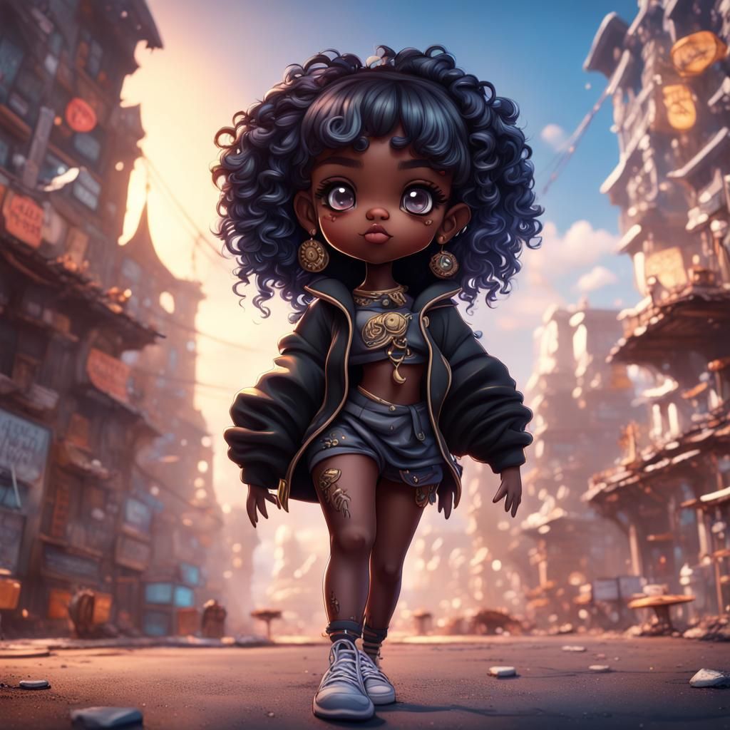 Cute Black Manga Baddie Girl: Detailed Digital Art