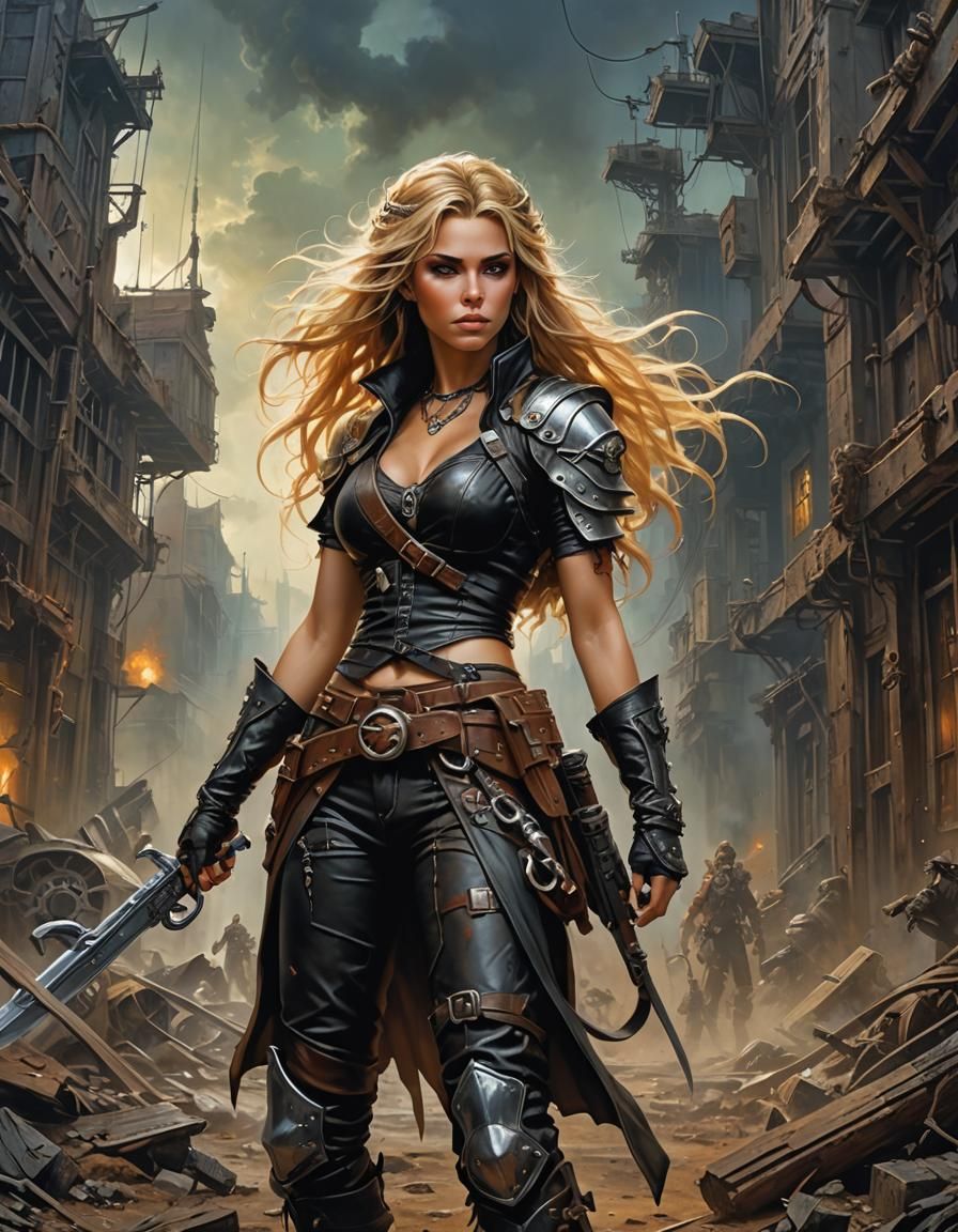 Rapunzel as Post-Apocalyptic Raider, Acrylic Painting